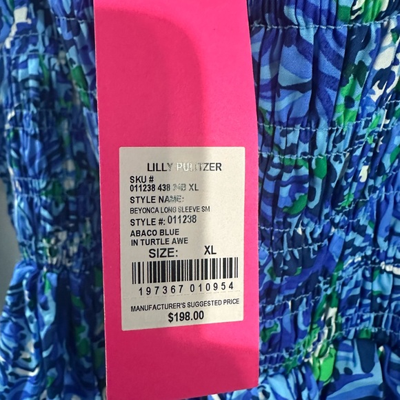 Lilly Pulitzer Blue and Green Smocked Tiered Sundress with Long Bishop Sleeves - Picture 3 of 3